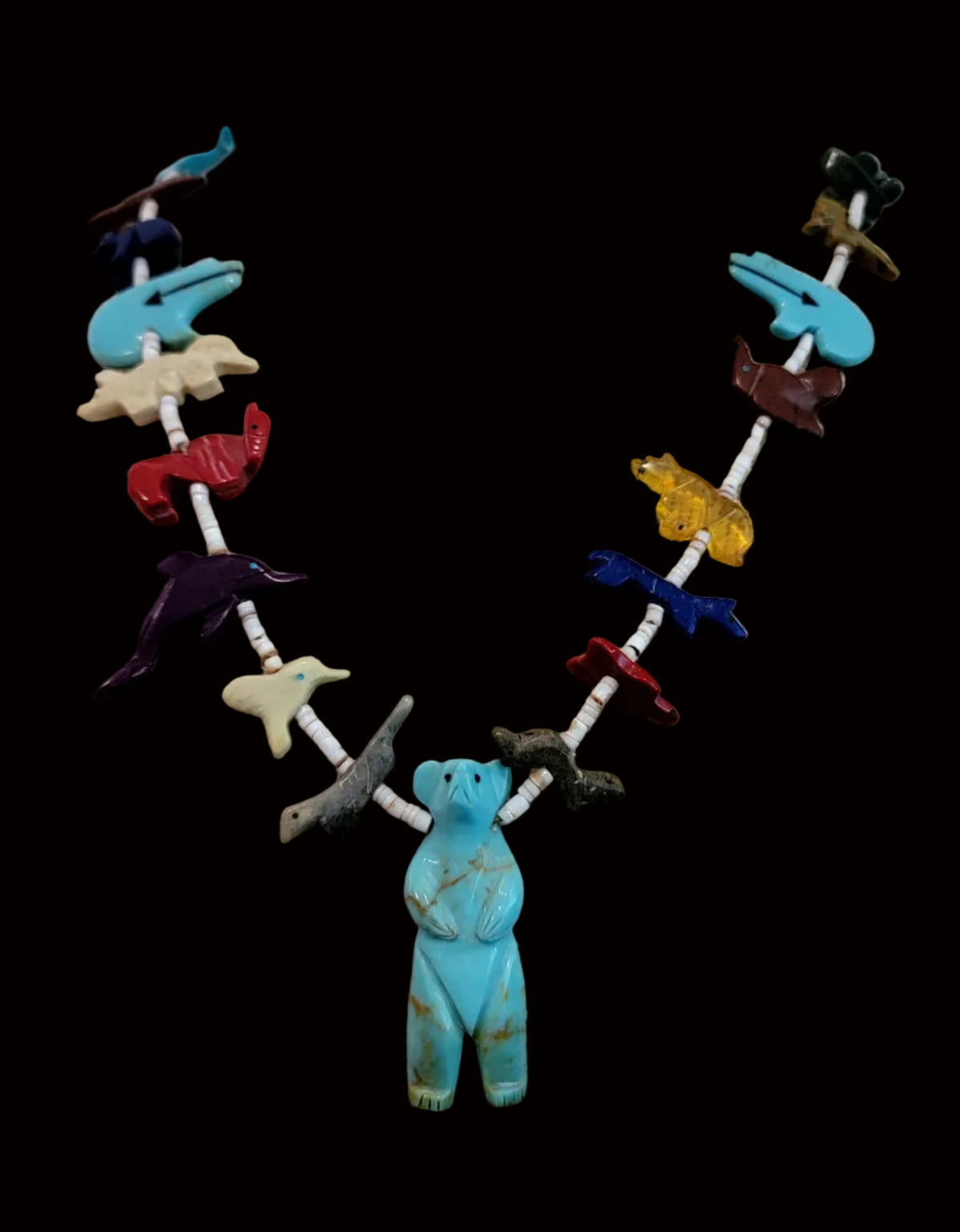 Old Pawn Zuni Fetish Necklace w/Large Standing Turquoise Center Bear Indian Jewelry