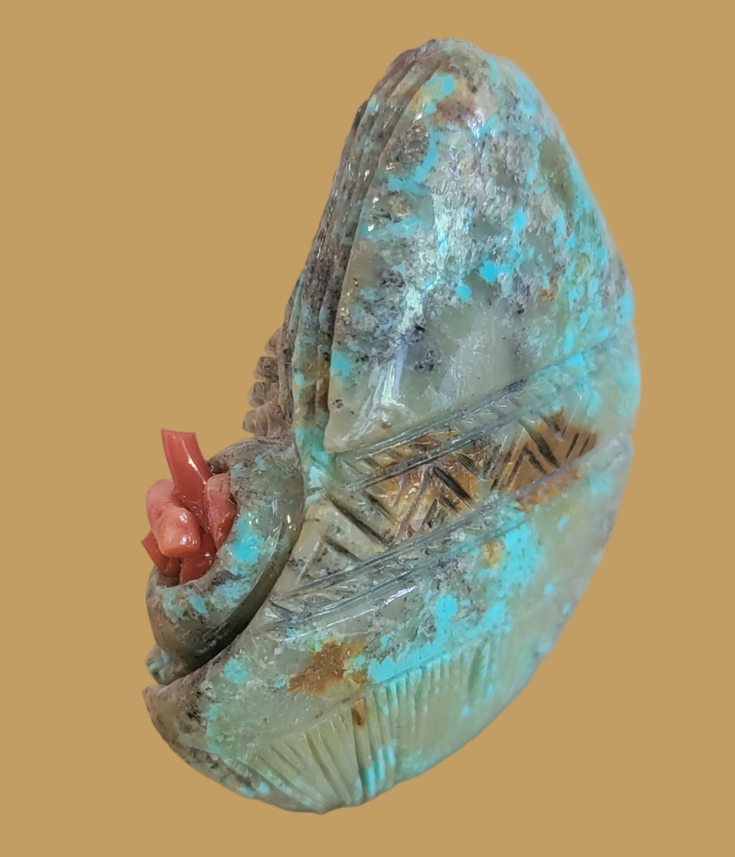 Beautiful Zuni Turquoise Olla Maiden w/Red Coral Zuni Fetish