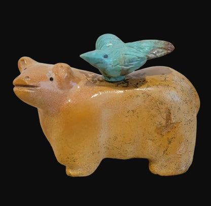 Travertine Bear w/ Hitchhiking Turquoise Bird Zuni Fetish