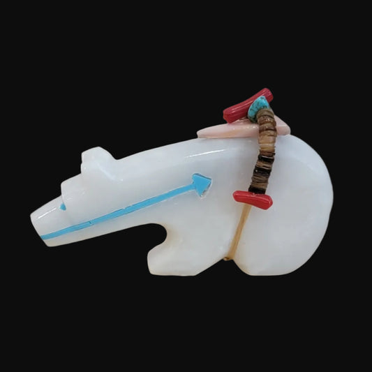 White Marble Bear w/ Heartline and Fancy Offering Zuni Fetish