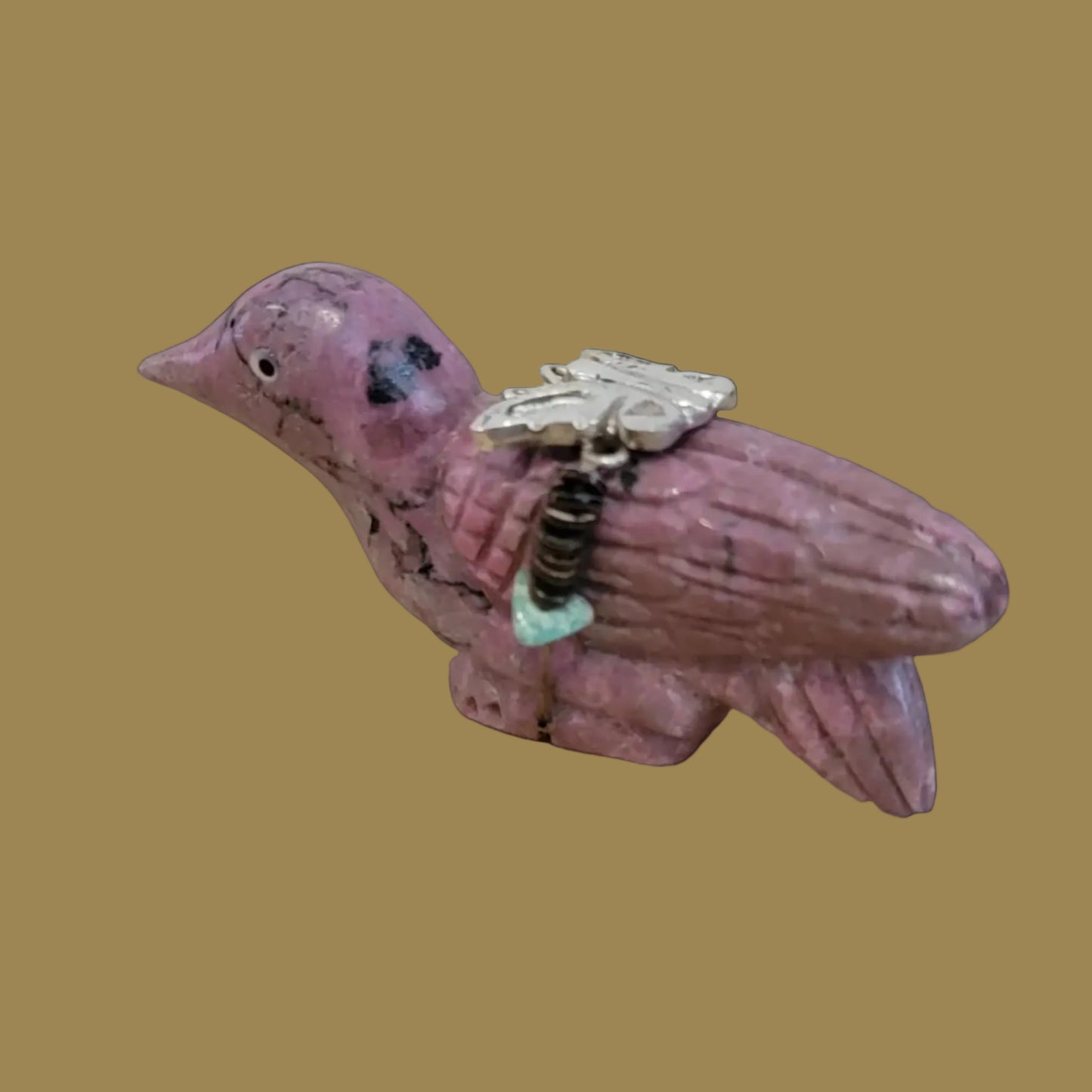 Beautiful Rhodonite Bird w/ Sterling Butterfly Zuni Fetish