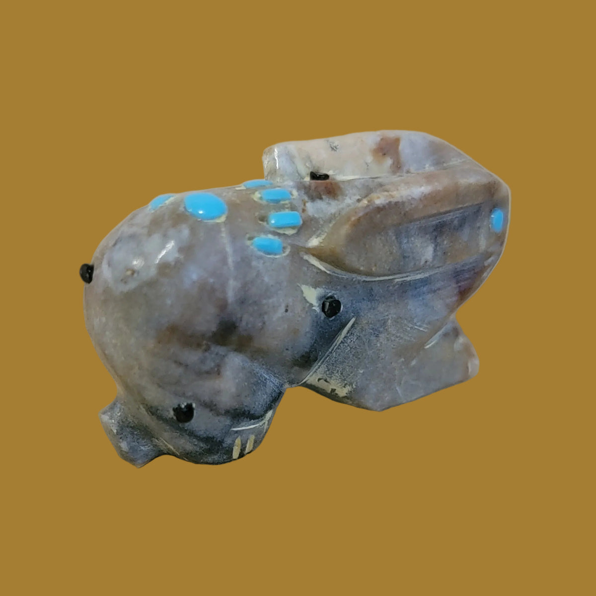 Picasso Marble Bunny Rbbit w/Turquoise Handprint Zuni Fetish