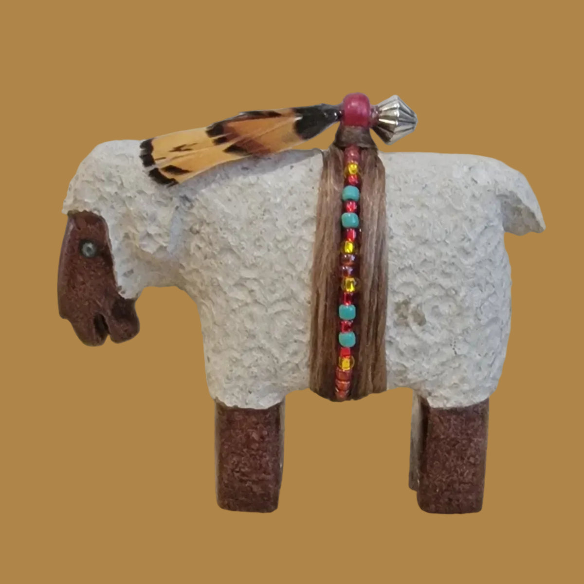 Navajo Two Toned Painted Sheep w/ Seed Bead Wrap Zuni Fetish