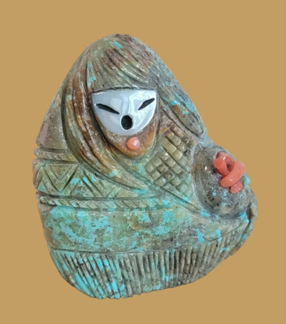 Beautiful Zuni Turquoise Olla Maiden w/Red Coral Zuni Fetish