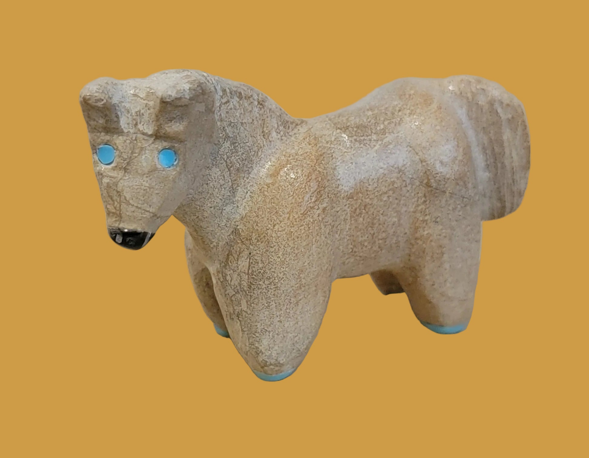 Sweet Travertine Healing Horse w/ Turquoise Hooves Zuni Fetish