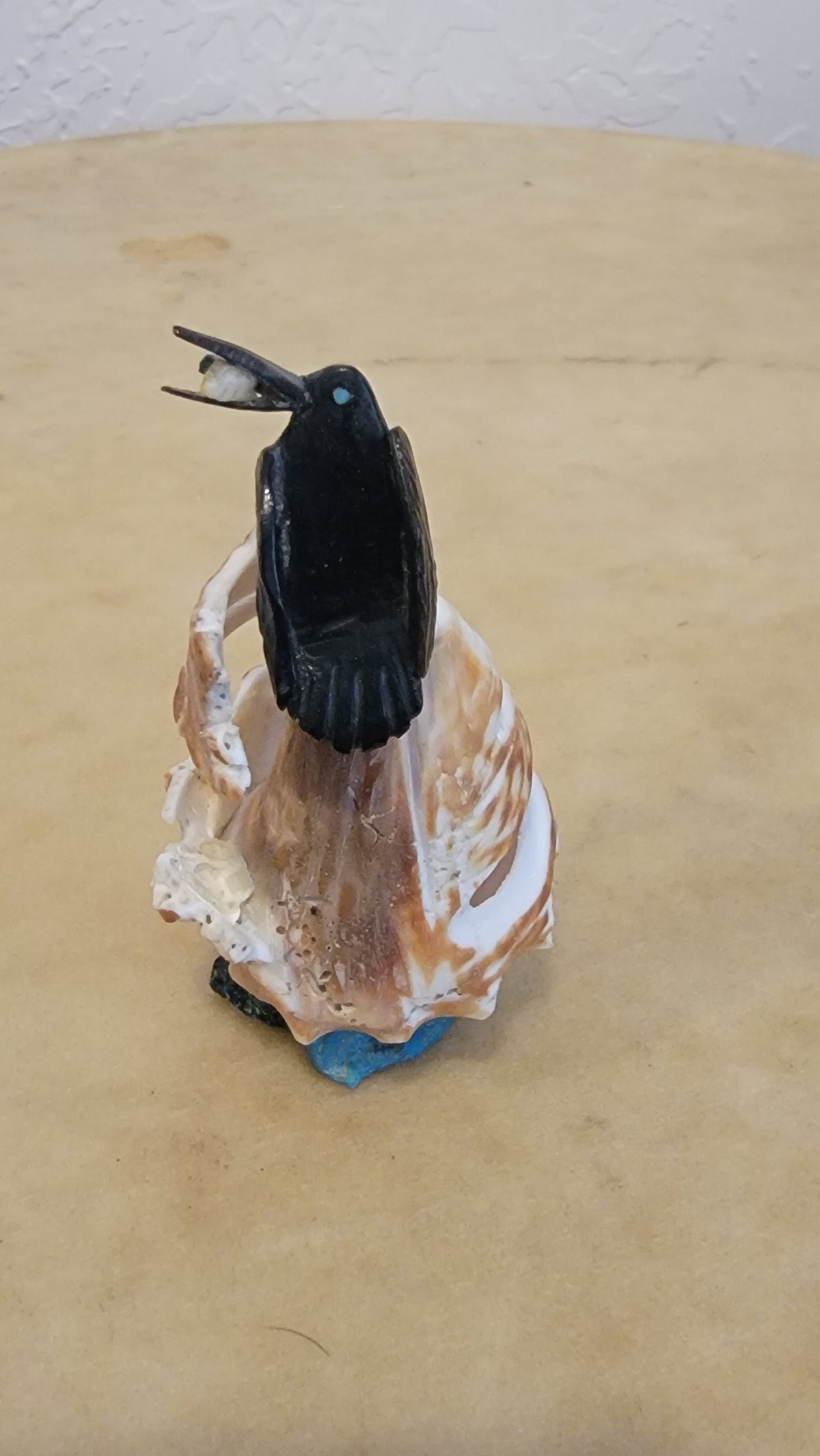 Raven w/Fish on Shell Perch Zuni Fetish