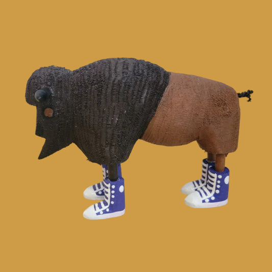 Navajo Wooden Carved Bison/ Buffalo in Purple Sneakers Indian Folk Art
