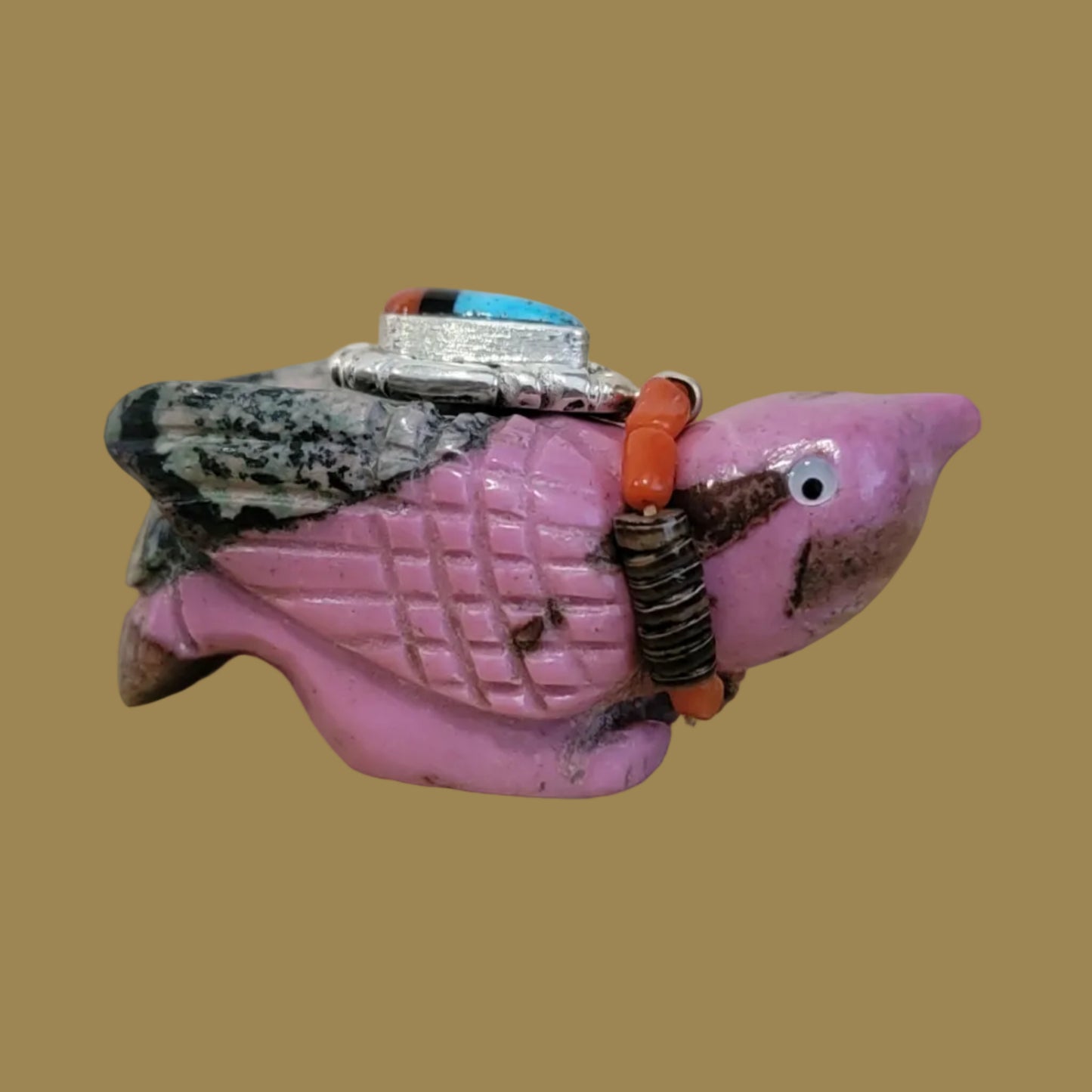 Rhodonite Messenger Bird w/ Sterling Silver peandant Zuni Fetish