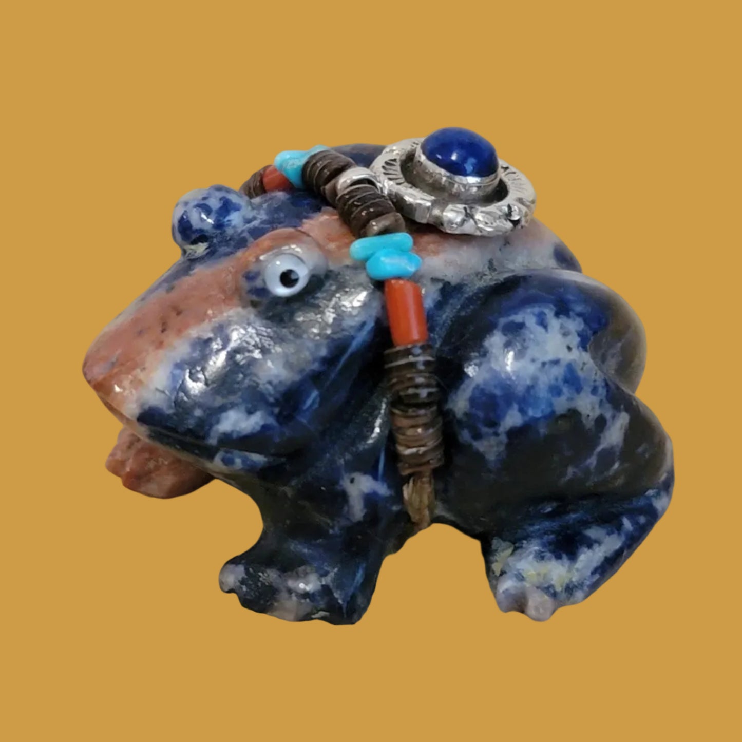 Sunset Sodalite Frog w/ Lapis and Sterling Necklace Bling Zuni Fetish