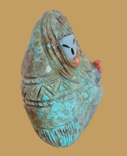 Beautiful Zuni Turquoise Olla Maiden w/Red Coral Zuni Fetish
