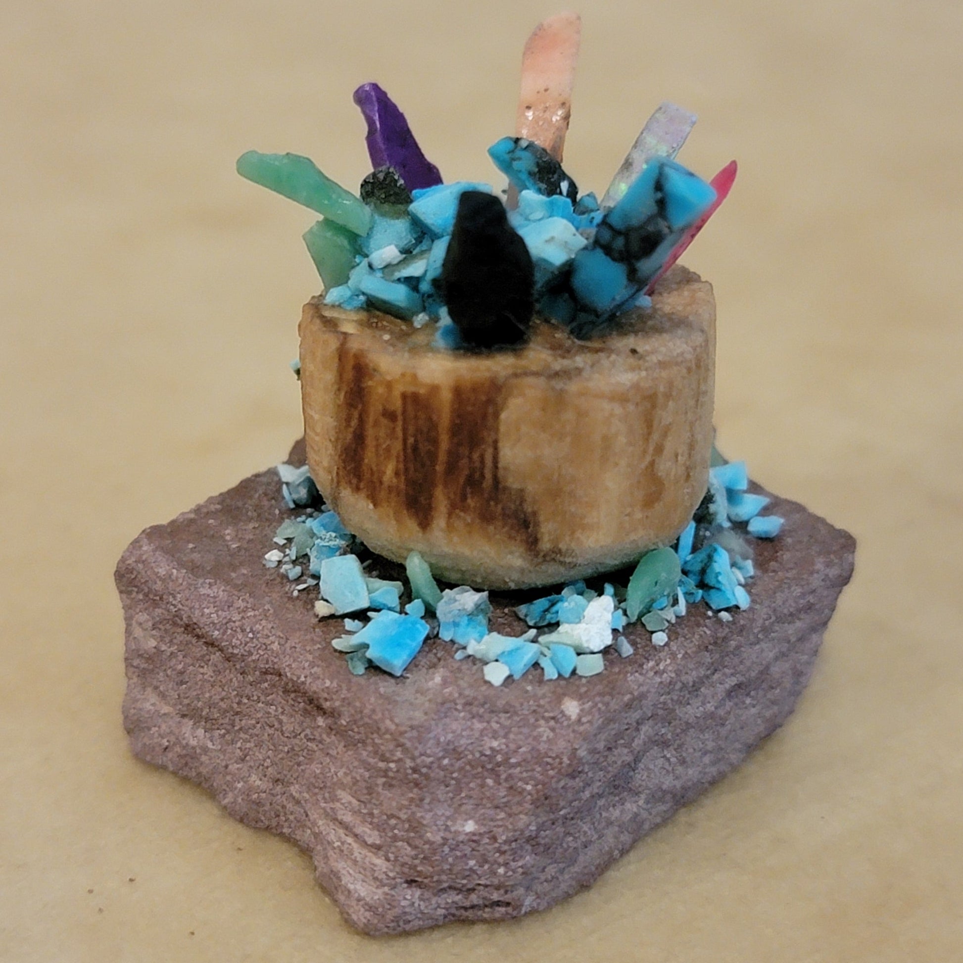 Multi Shell and Stone Zuni  Prayer Sticks in Cedar Bowl Zuni Fetish