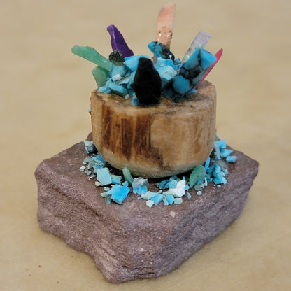Multi Shell and Stone Zuni  Prayer Sticks in Cedar Bowl Zuni Fetish