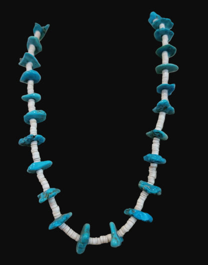 Single Strand Shell Heishe and Turquoise Nuggets Santo Domingo Necklace