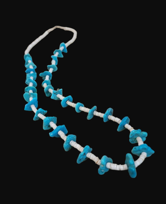 Single Strand Shell Heishe and Turquoise Nuggets Santo Domingo Necklace