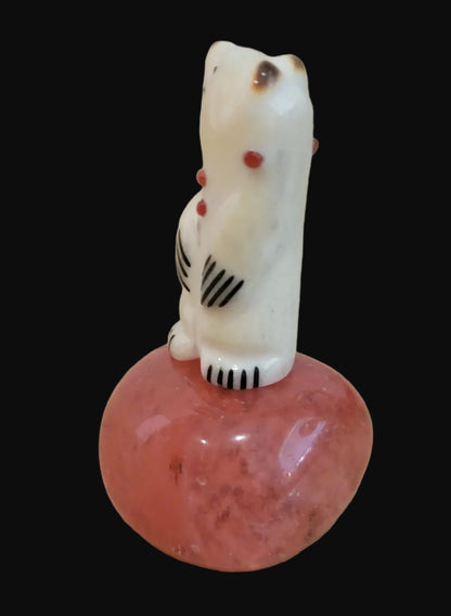 Miniature Adorned Antler Bear on Cherry Quartz Base Zuni Fetish