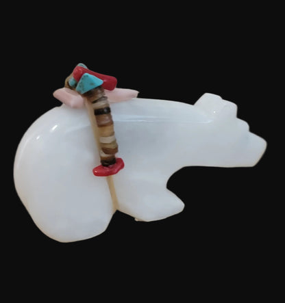 White Marble Bear w/ Heartline and Fancy Offering Zuni Fetish