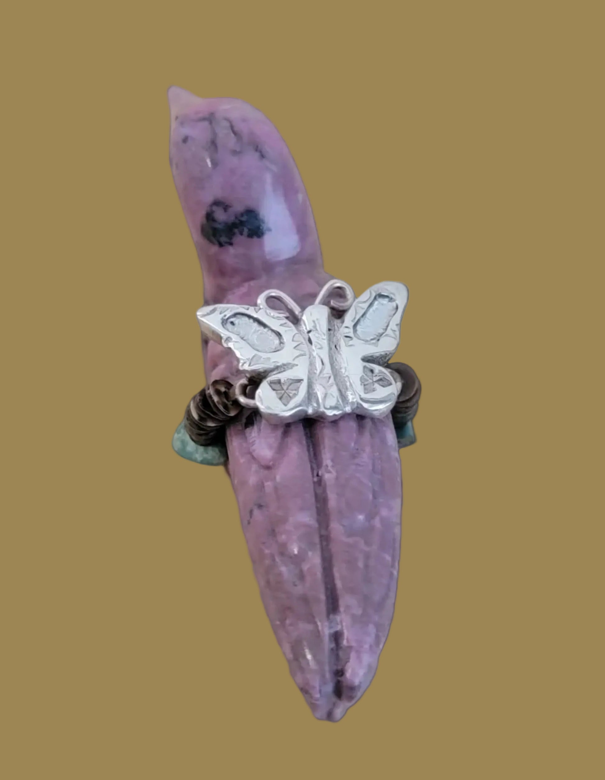 Beautiful Rhodonite Bird w/ Sterling Butterfly Zuni Fetish