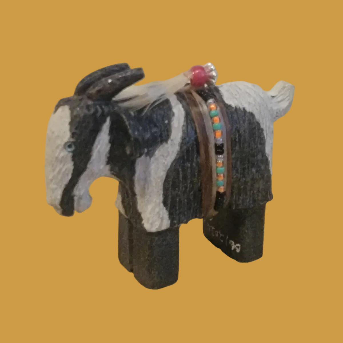 Painted Alabaster Navajo Billy Goat w/ Seed bead Wrap