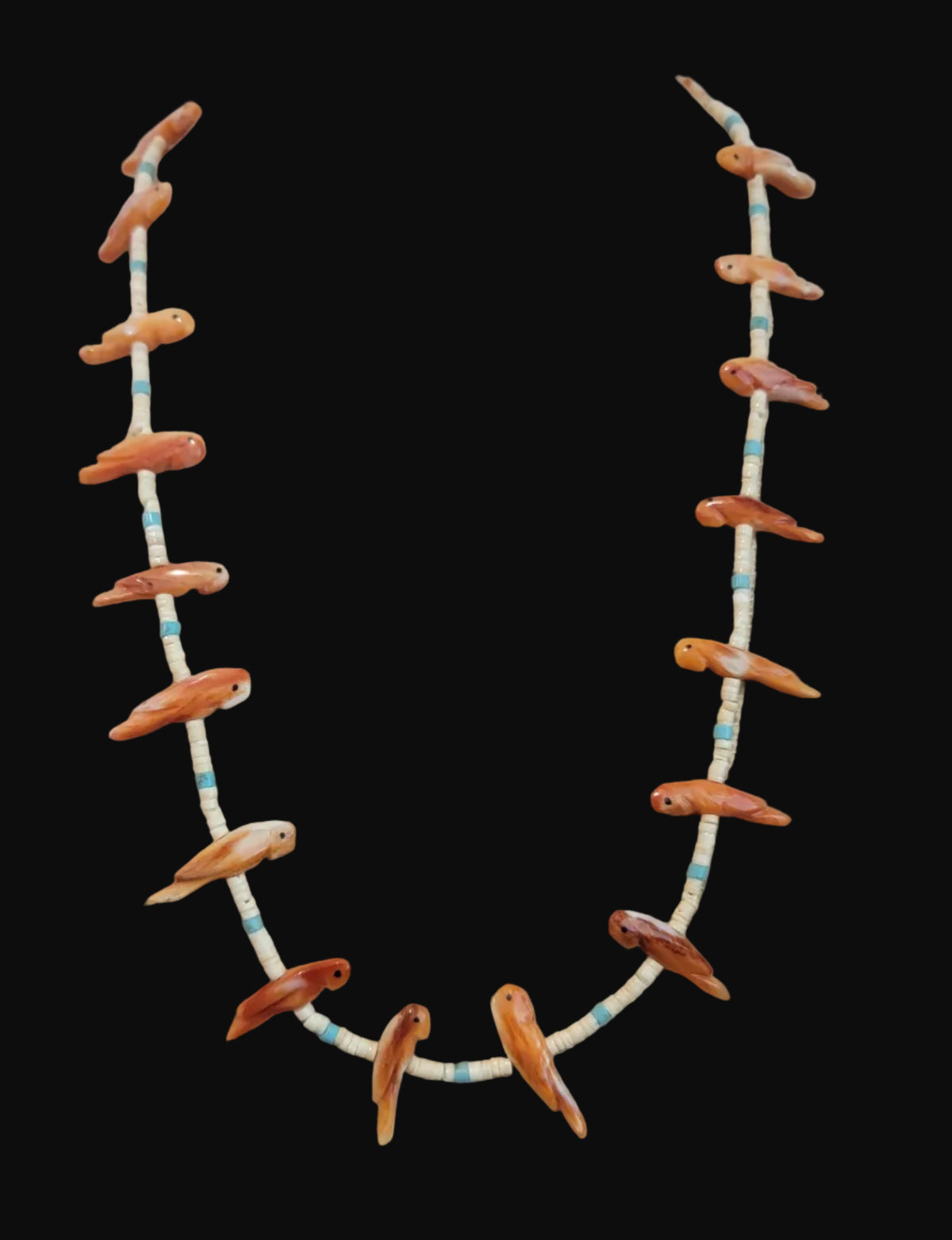 Spiny Oyster Shell Parrot and Shell Heishe Zuni Fetish Necklace Indian Jewelry
