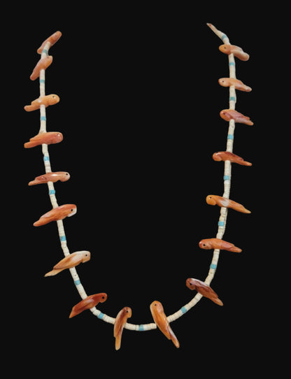 Spiny Oyster Shell Parrot and Shell Heishe Zuni Fetish Necklace Indian Jewelry