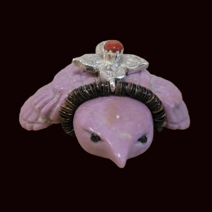Phosphosiderite Messenger Bird w/ Sterling and Coral Flower Offering Zuni Fetish