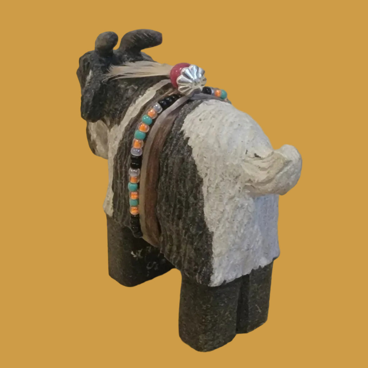 Painted Alabaster Navajo Billy Goat w/ Seed bead Wrap