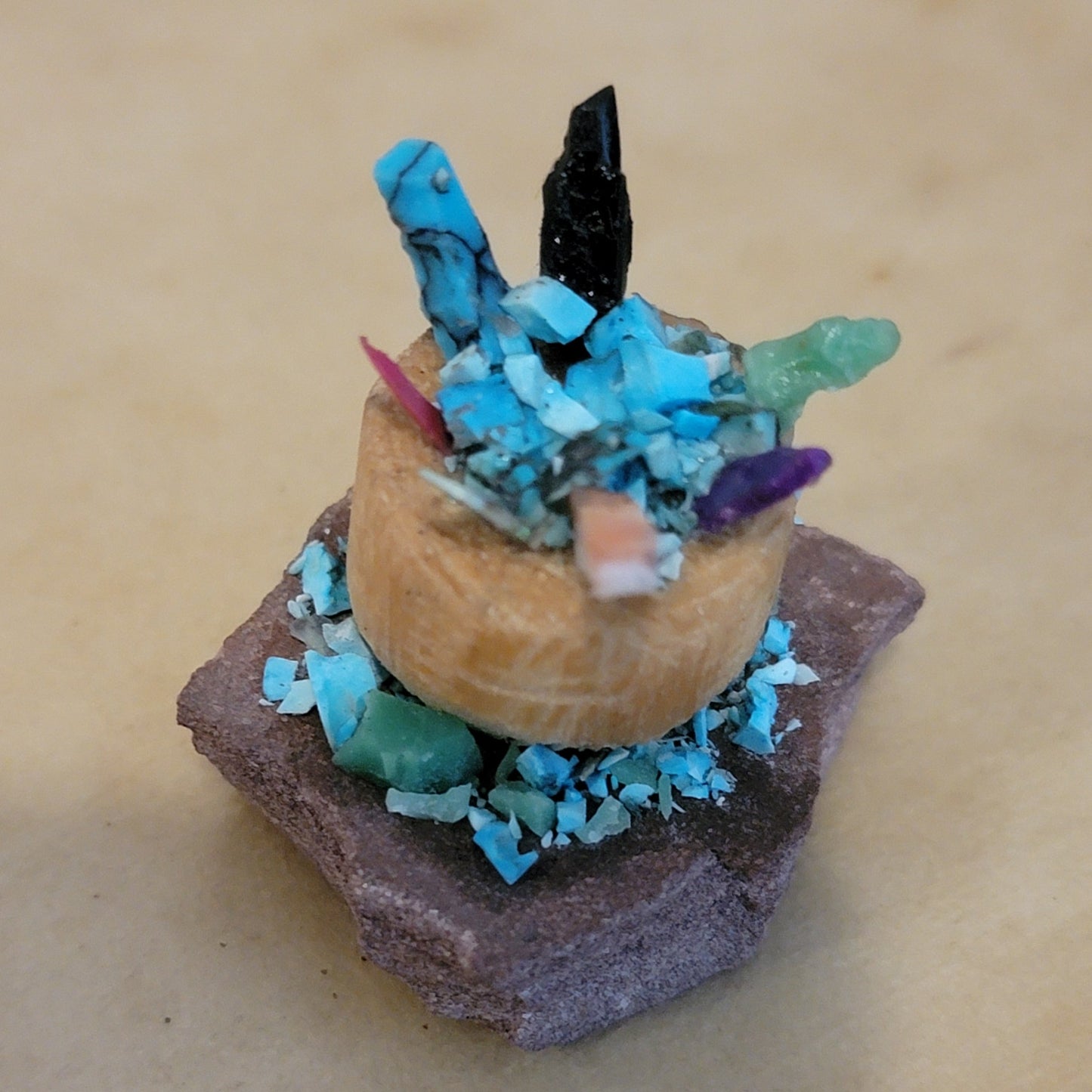 Multi Shell and Stone Zuni  Prayer Sticks in Cedar Bowl Zuni Fetish