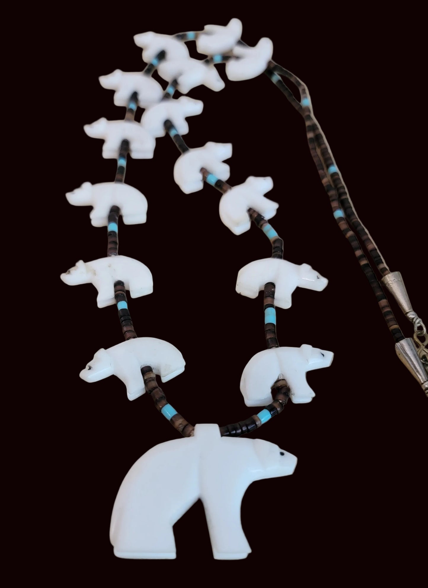 Old Pawn White Marble Bear Fetish Necklace and Earrings Set Indian Jewelry
