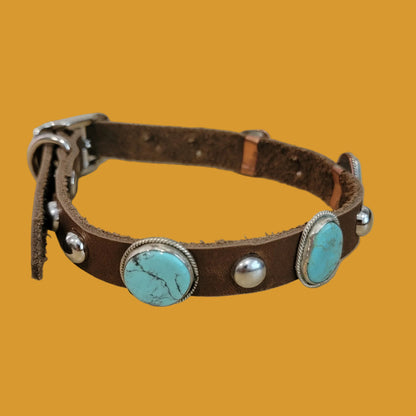 Pampered Pooch Navajo Turquoise W/ Sterling Silver Leather Dog Collar