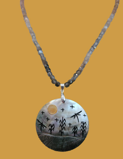 Elegant Sunstone, Moonstone and Silver Lip Zuni Autumn Harvest Necklace