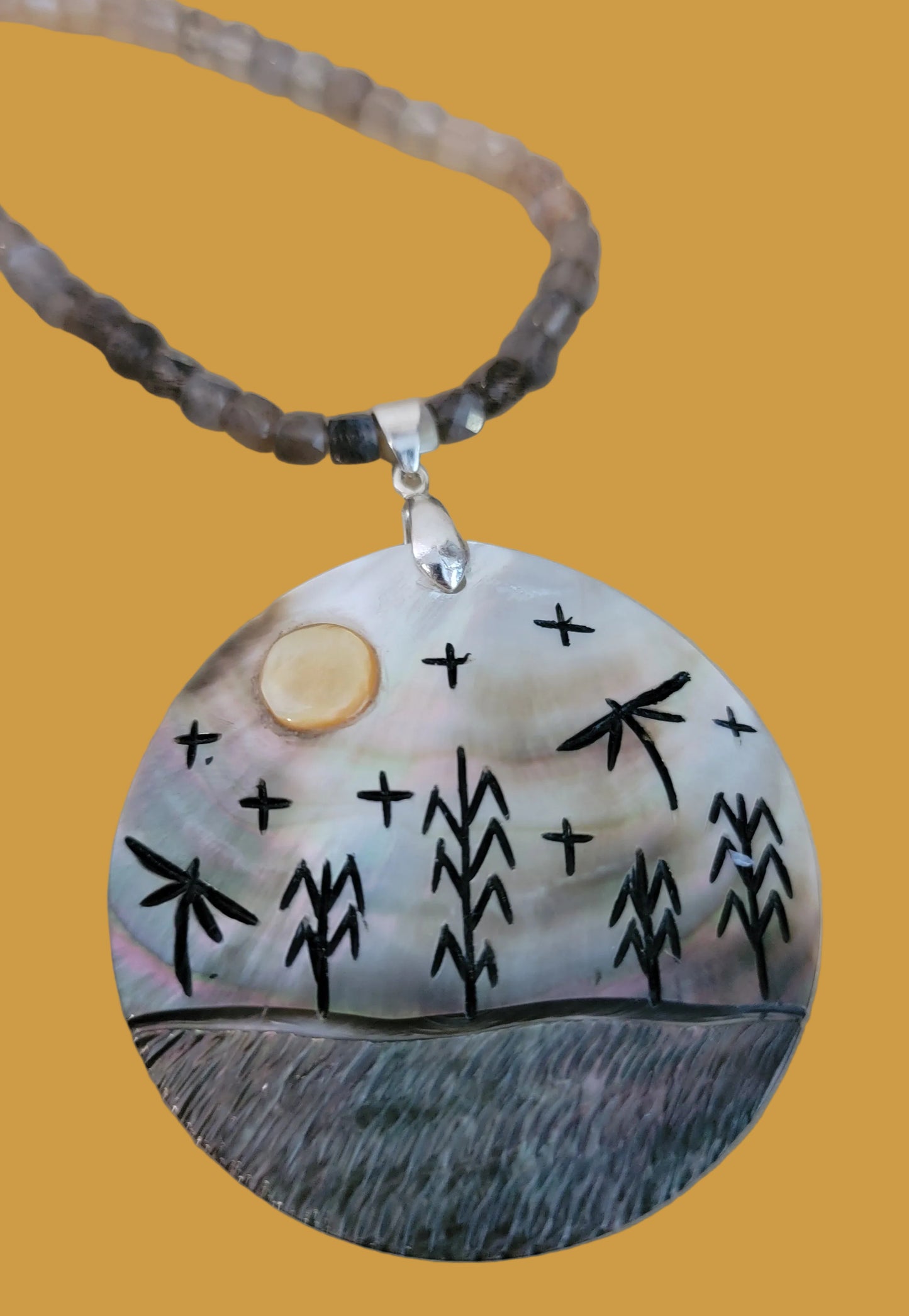 Elegant Sunstone, Moonstone and Silver Lip Zuni Autumn Harvest Necklace