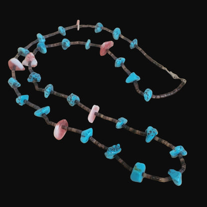 Old Pawn Heishe w/ Turquoise and Spiny Oyster Shell Single Strand Indian Jewelry Necklace