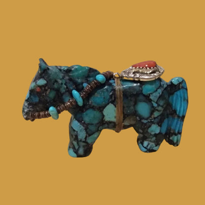 Turquoise Composite Horse with Fancy Bridle and Bling Zuni Fetish