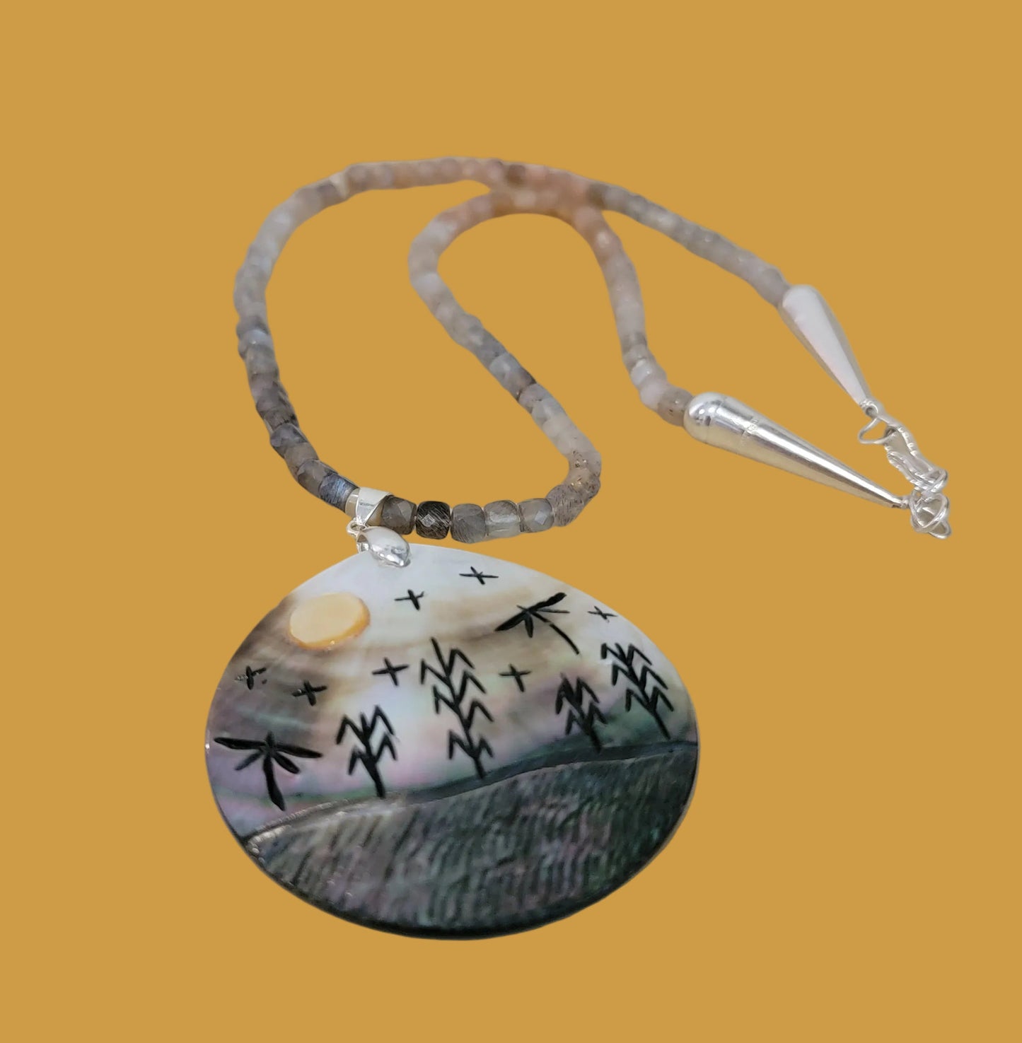 Elegant Sunstone, Moonstone and Silver Lip Zuni Autumn Harvest Necklace