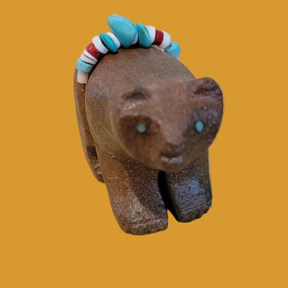 Painted Sandstone Bear Cub w/Colorful Offering Zuni Fetish