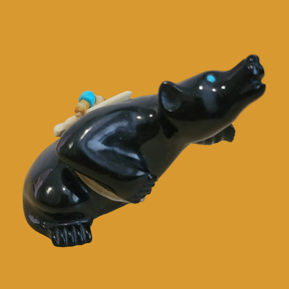Animated Highly Polished Black Marble Bear Zuni Fetish