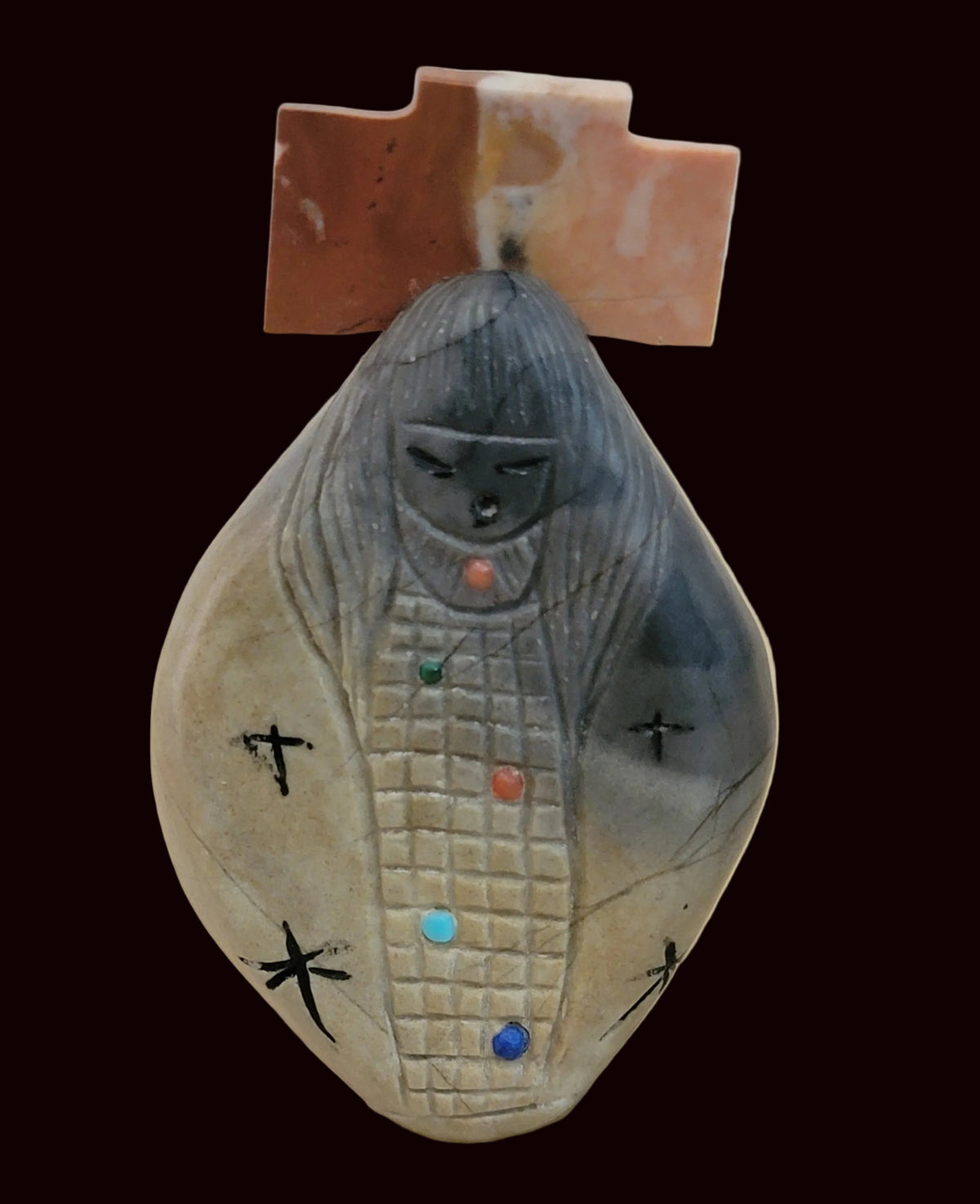 Picasso Marble Double Sided Zuni Maiden w/Jasper Tablita Zuni Fetish