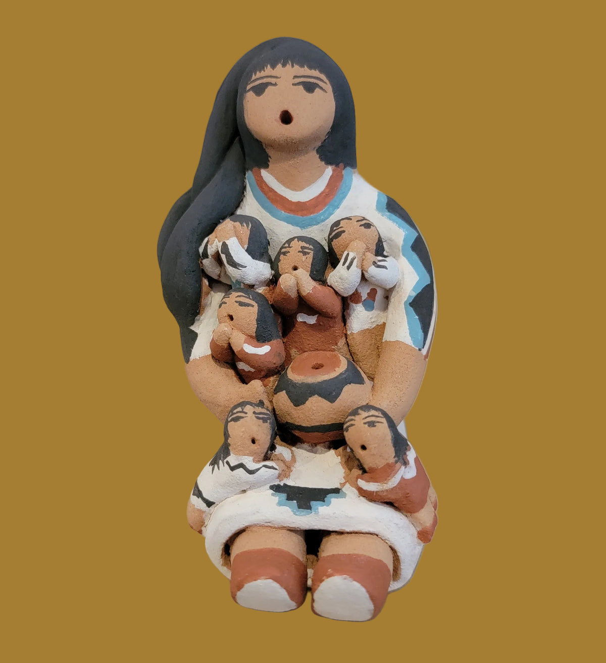 Jemez Pueblo Pretty Storyteller w/ Six Children and Pottery Bowl Pueblo Pottery