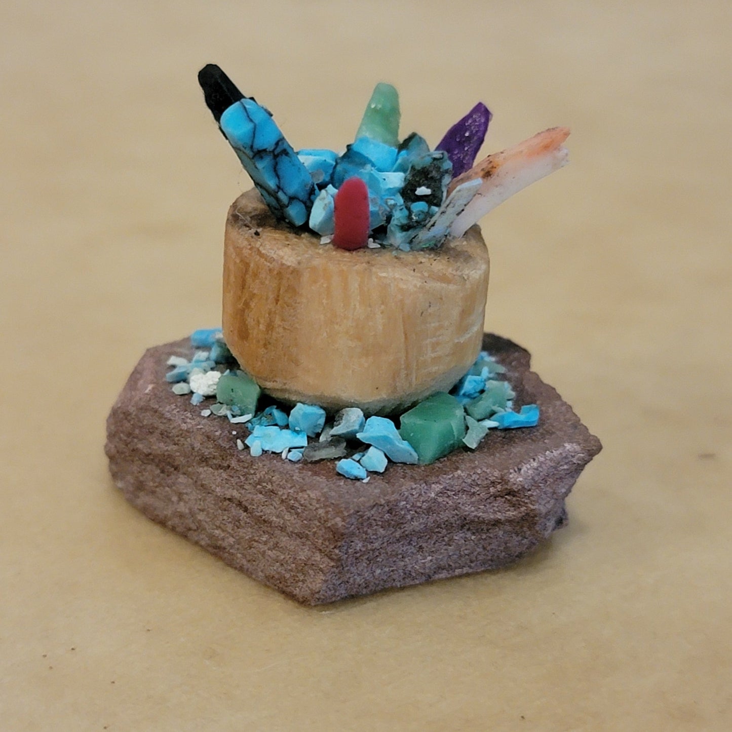 Multi Shell and Stone Zuni  Prayer Sticks in Cedar Bowl Zuni Fetish