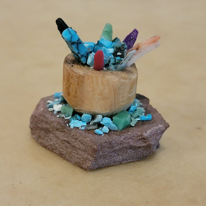 Multi Shell and Stone Zuni  Prayer Sticks in Cedar Bowl Zuni Fetish