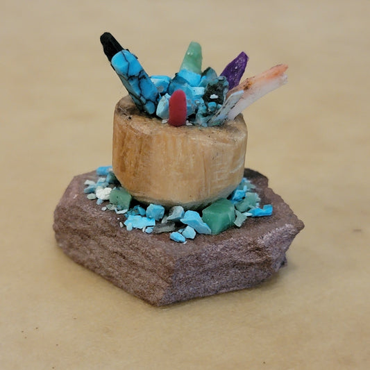 Multi Shell and Stone Zuni  Prayer Sticks in Cedar Bowl Zuni Fetish