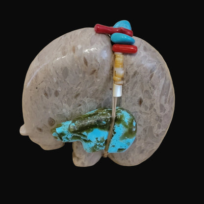Fossil Shell Medine Bear w/ Turquoise Side Bear and Cool Bundle Zuni Fetish