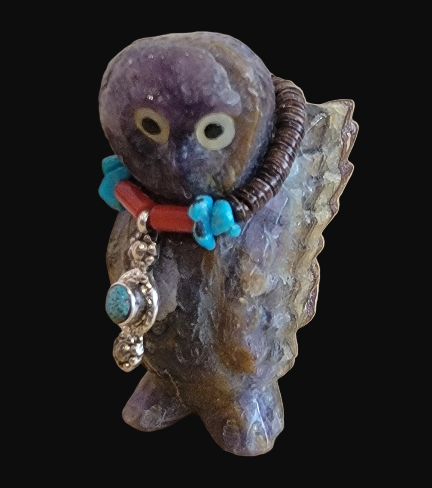 Fluorite Owl with Amazing Sterling Silver and Turquoise Bling Zuni Fetish