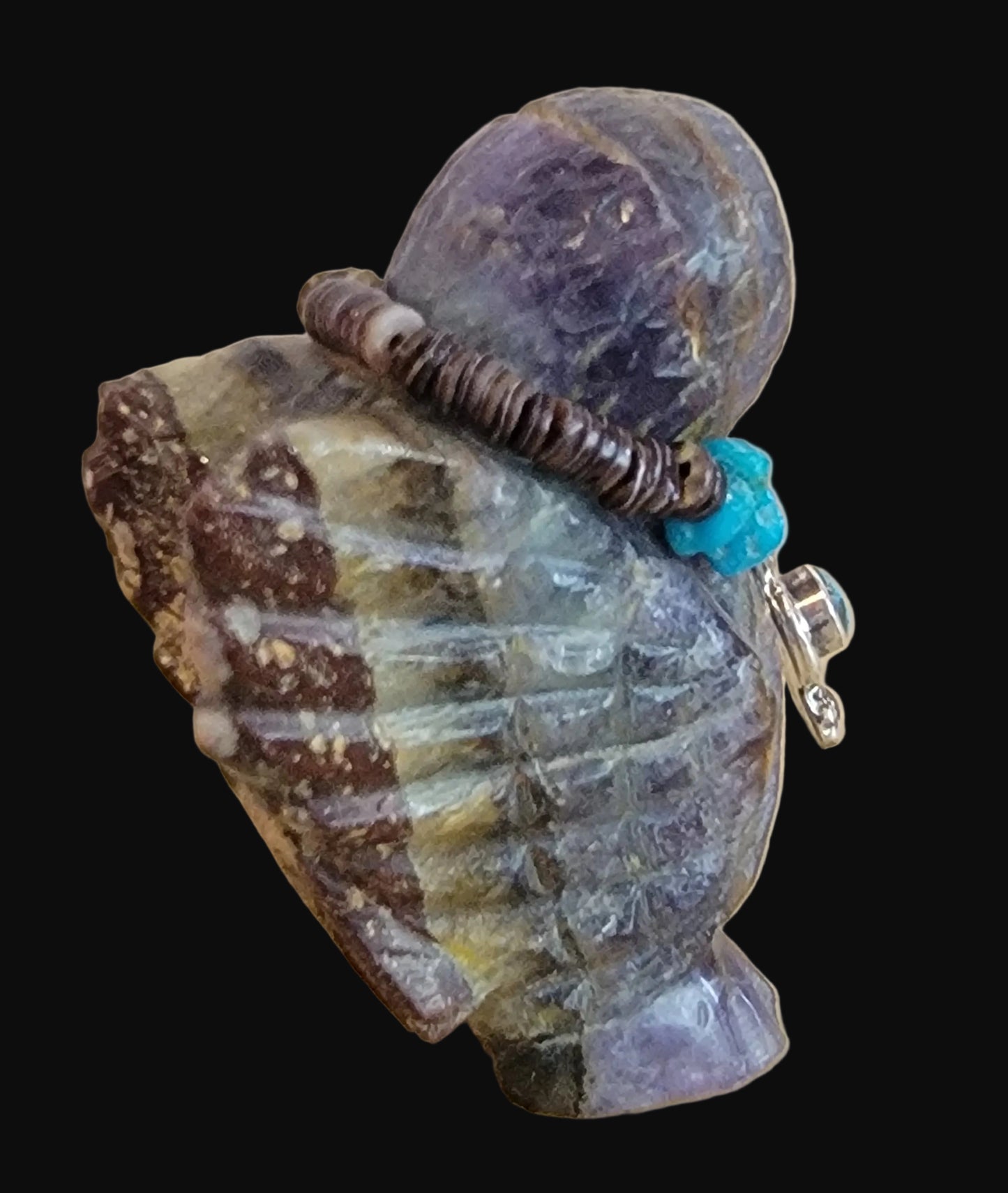 Fluorite Owl with Amazing Sterling Silver and Turquoise Bling Zuni Fetish