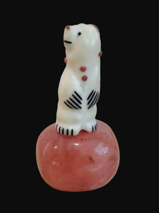 Miniature Adorned Antler Bear on Cherry Quartz Base Zuni Fetish