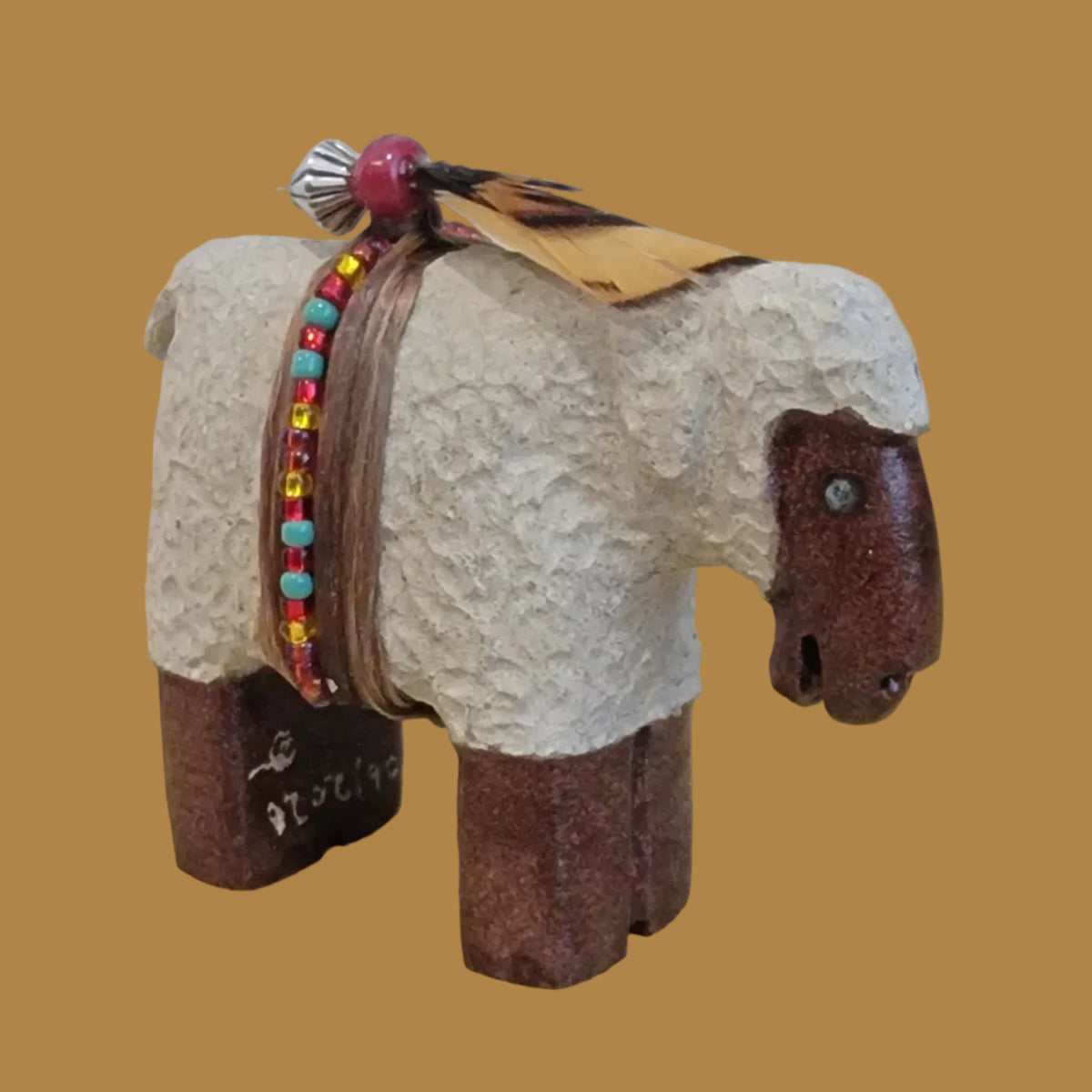 Navajo Two Toned Painted Sheep w/ Seed Bead Wrap Zuni Fetish