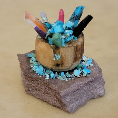 Multi Shell and Stone Zuni  Prayer Sticks in Cedar Bowl Zuni Fetish