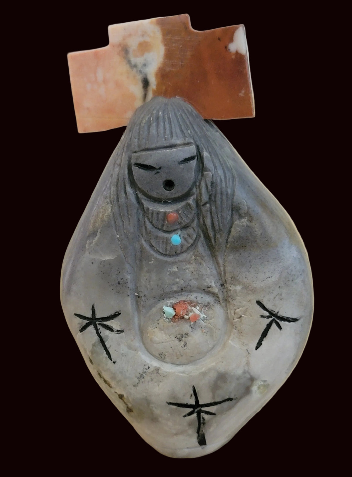 Picasso Marble Double Sided Zuni Maiden w/Jasper Tablita Zuni Fetish
