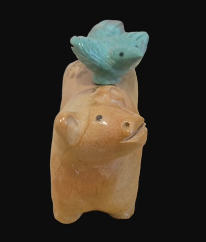 Travertine Bear w/ Hitchhiking Turquoise Bird Zuni Fetish