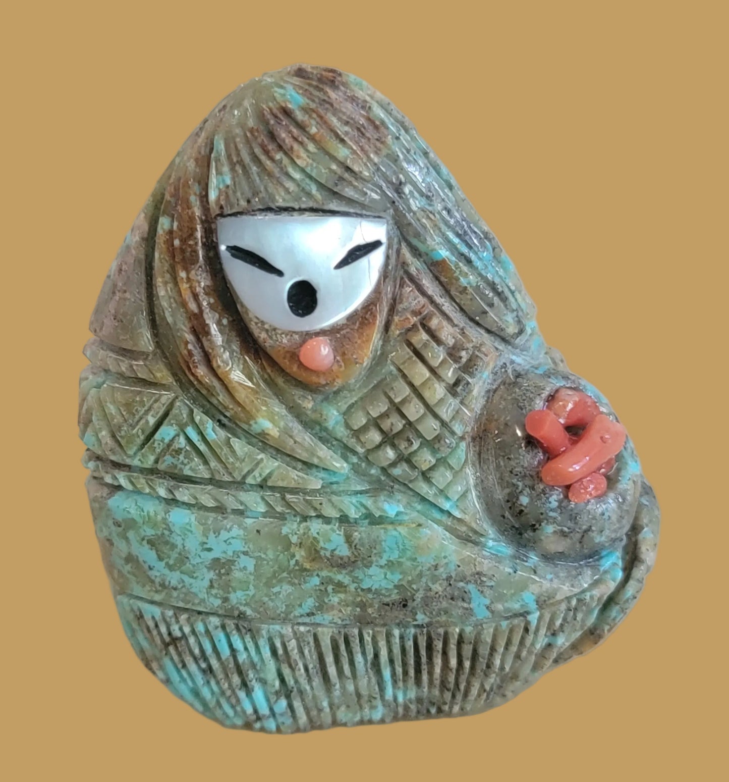 Beautiful Zuni Turquoise Olla Maiden w/Red Coral Zuni Fetish